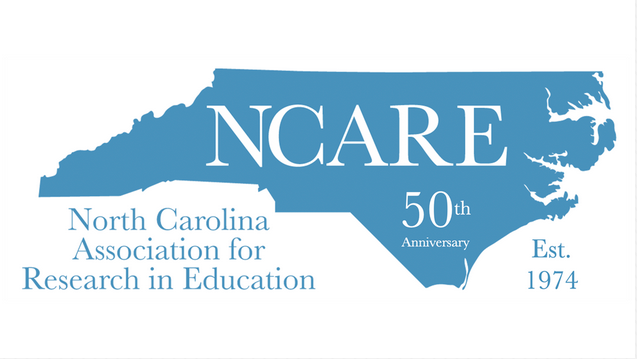 Picture of NC in blue with the words "NCARE" and "50th anniversary" on it in white. Below are the words "North Carolina Association for Research in Education" and "Est. 1974" in the same blue as the state.